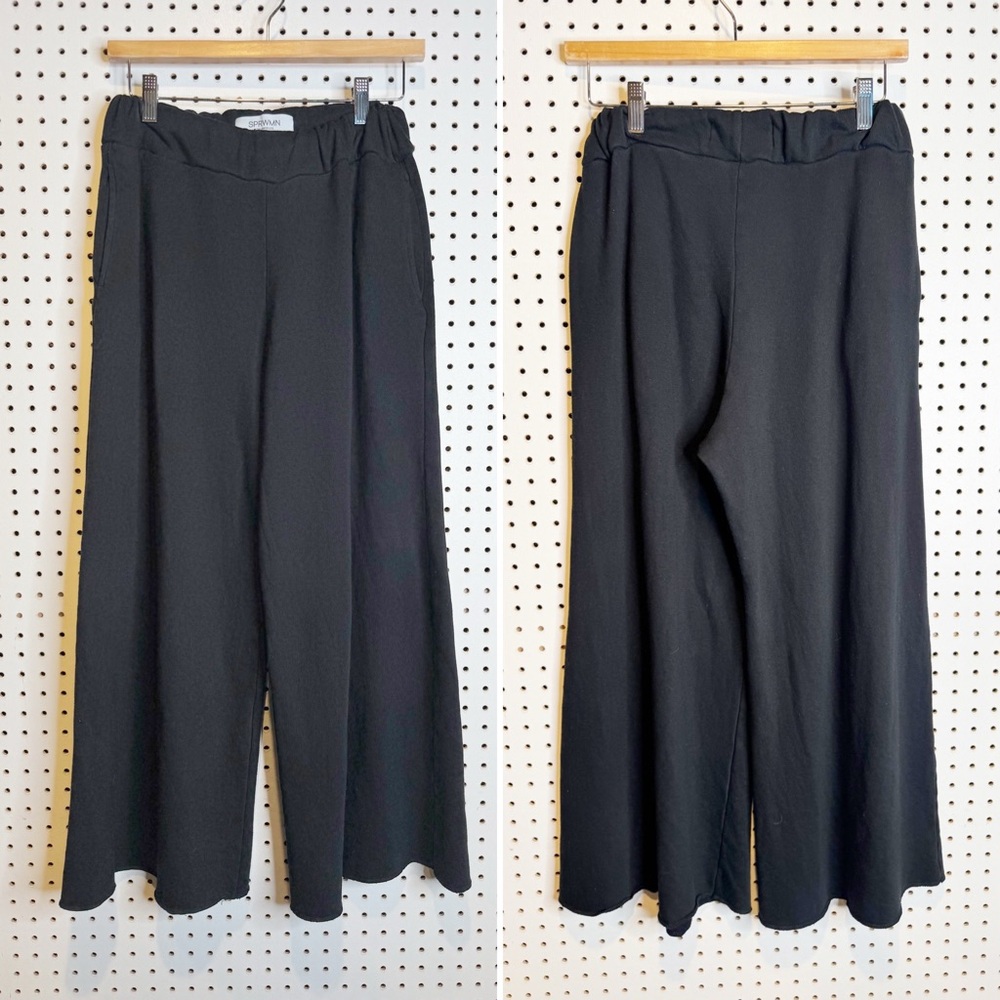SPRWMN | Black Cropped Wide Leg Sweatpants Lounge Pants‎ Sz. S